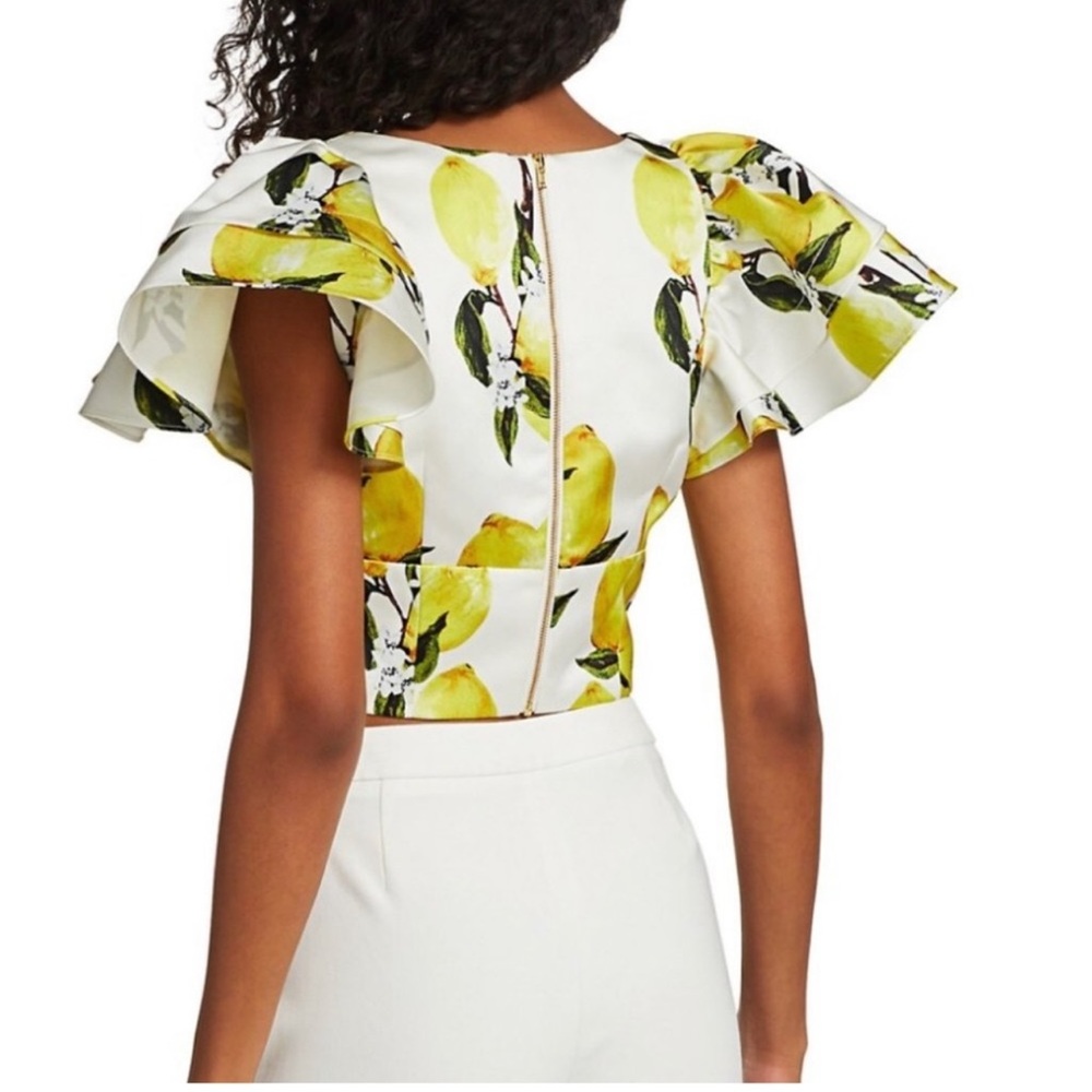 Amur cropped ruffle sleeve lemon print crop top white yellow v neck - Picture 3 of 13